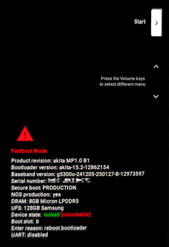 デバイスの Fastboot モードの画面。