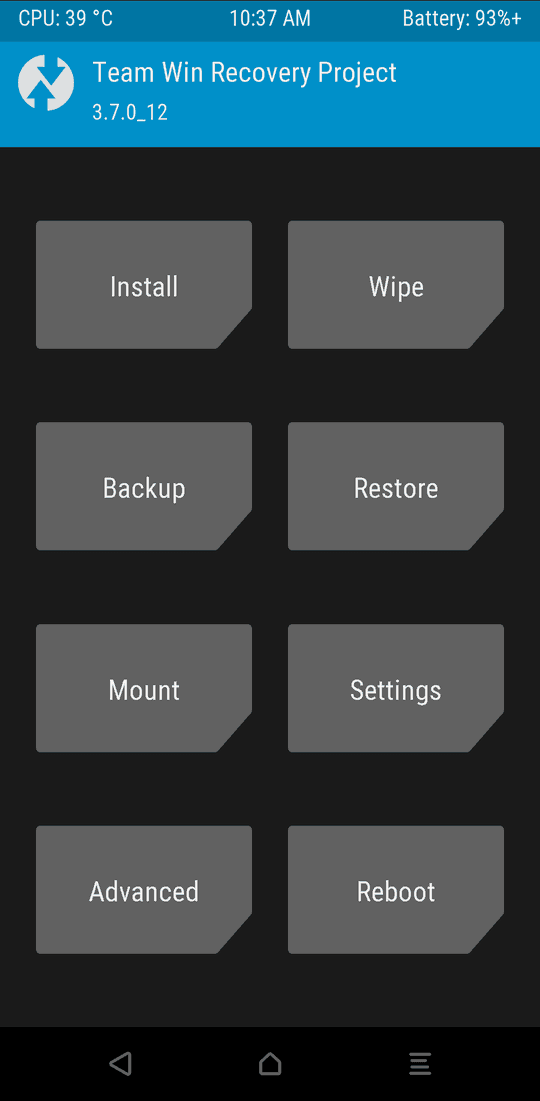 TWRP のホーム画面。