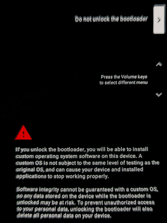 ブートローダーをアンロックする前の警告画面。
