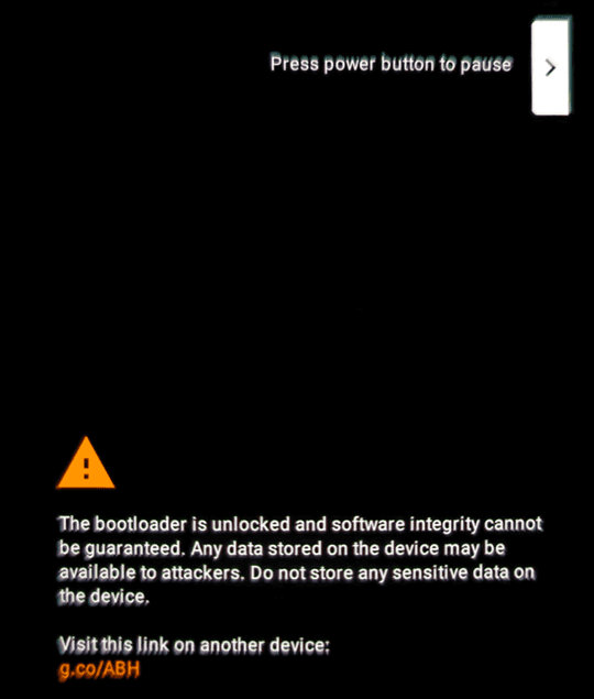 ブートローダーをアンロックされていることを警告する画面。