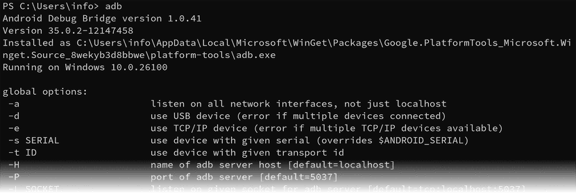 Windows ターミナルで ADB コマンドを実行している様子のスクリーンショット。