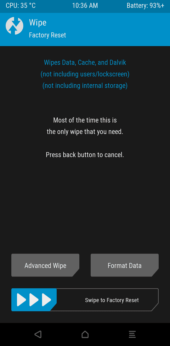 TWRP 上で Factory Reset を実行する画面。